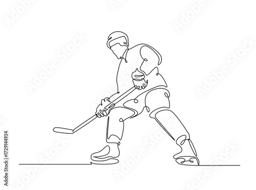 Professional ice hockey player in single outline illustration. Continuous line art drawing of hockey sport. Editable stroke.