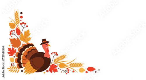 A festive turkey surrounded by autumn leaves and harvest elements in a corner design for Thanksgiving celebrations.