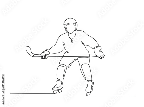 Professional ice hockey player in single outline illustration. Continuous line art drawing of hockey sport. Editable stroke.