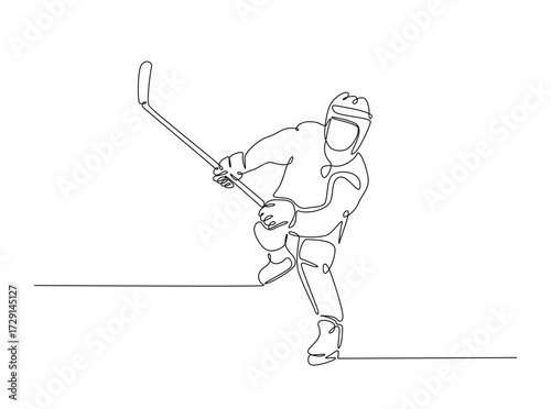 Professional ice hockey player in single outline illustration. Continuous line art drawing of hockey sport. Editable stroke.