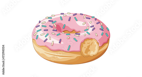 A delightful pink frosted donut with colorful sprinkles and a bite taken out.