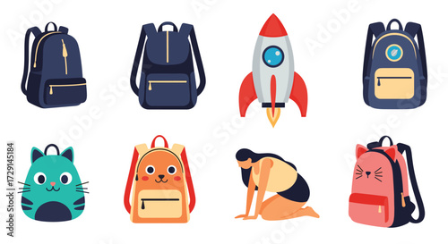 Collection of diverse backpacks including animal themed ones and a rocket ship.