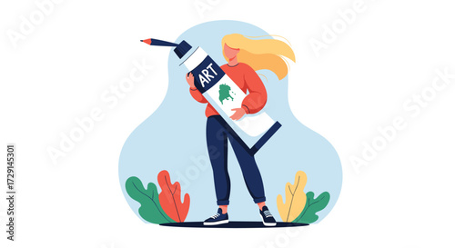 A happy woman holding a large tube of paint while surrounded by plants and greenery.