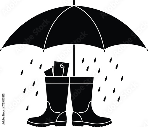Black umbrella over boots and papers in rain protection