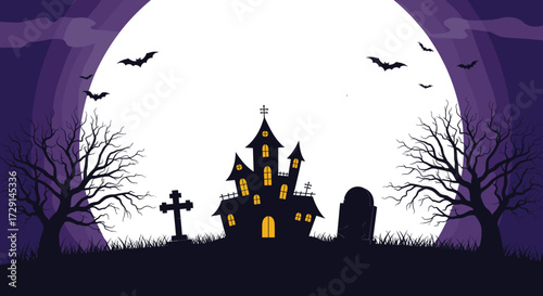 A spooky haunted mansion sits under a large full moon on halloween night with bats flying around.
