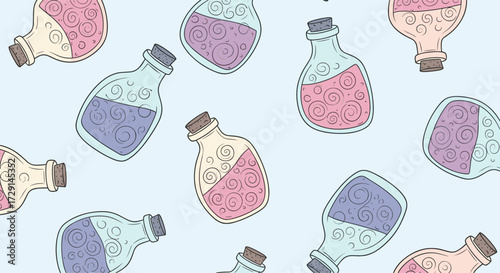 A whimsical assortment of colorful potion bottles scattered across a light blue background pattern.