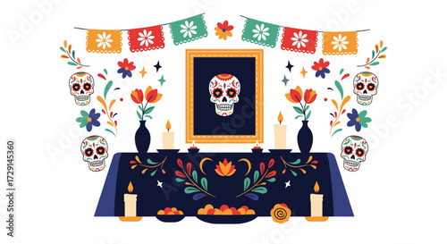 A colorful ofrenda honoring loved ones with sugar skulls flowers and candles.