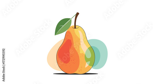 A vibrant pear with a green leaf and abstract colorful shapes in the background.