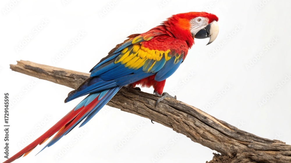 Fototapeta premium Colorful Macaw parrot with vibrant red, blue, and yellow feathers perched gracefully on a branch, isolated on a clean white studio background with sharp focus