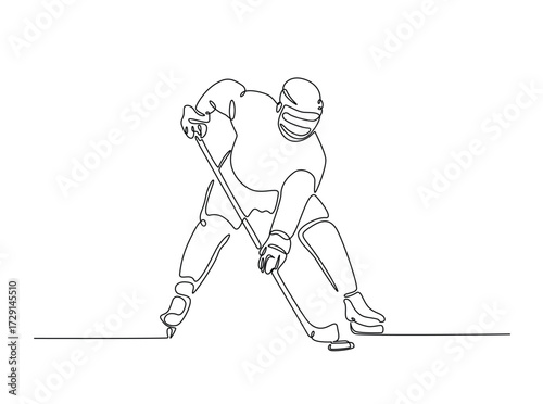 Professional ice hockey player in single outline illustration. Continuous line art drawing of hockey sport. Editable stroke.