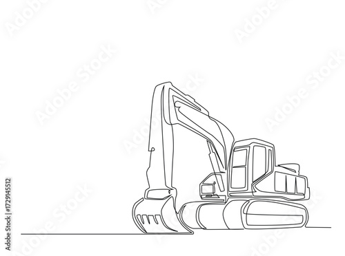 Excavator in single outline illustration. Continuous line art drawing of Heavy Vehicle Construction Excavator. Editable stroke.