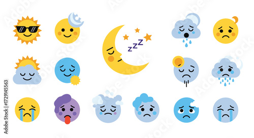 Collection of cute weather related emojis depicting various moods and emotions.