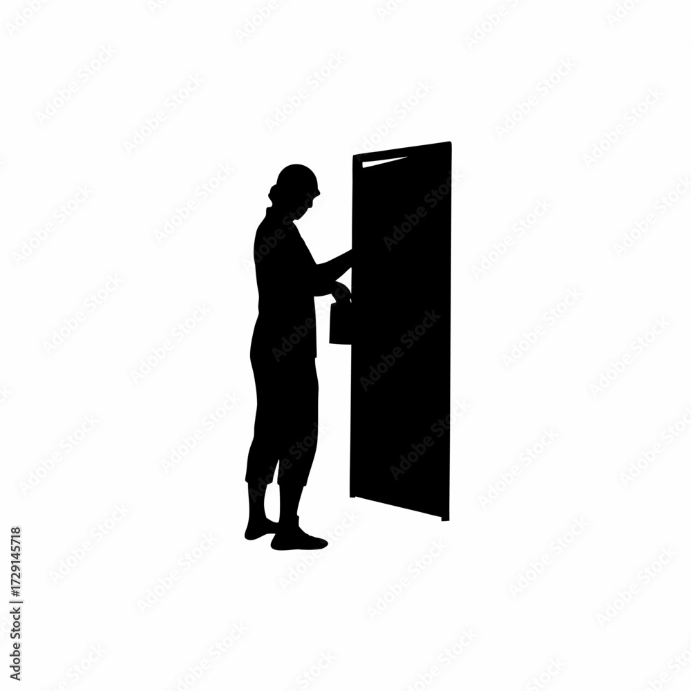 Fototapeta premium Caretaker opening chicken house door at sunrise silhouette isolated on white background