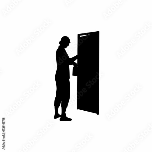 Caretaker opening chicken house door at sunrise silhouette isolated on white background