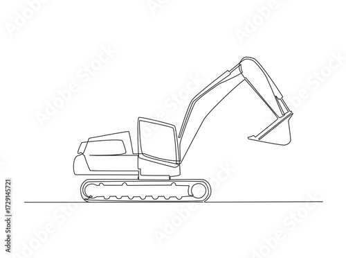 Excavator in single outline illustration. Continuous line art drawing of Heavy Vehicle Construction Excavator. Editable stroke.