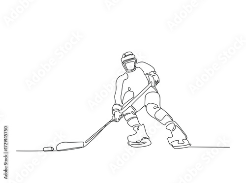 Professional ice hockey player in single outline illustration. Continuous line art drawing of hockey sport. Editable stroke.