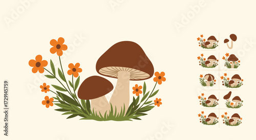 A whimsical illustration of two large brown mushrooms surrounded by vibrant orange flowers and lush green foliage.