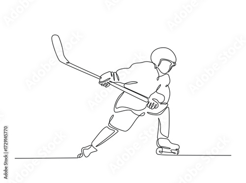 Professional ice hockey player in single outline illustration. Continuous line art drawing of hockey sport. Editable stroke.