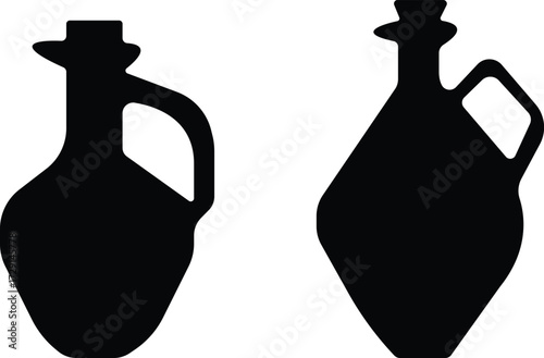 Art & IllustrationBottle and jug icon set.Bottle and jug silhouette collection. Oil, potion, alcohol, perfume black and outline bottle silhouette.Different icon set of bottle and jug shapes.
