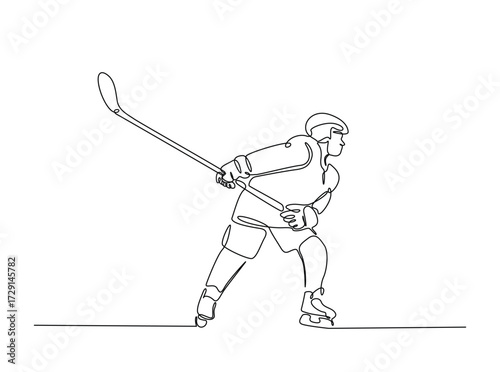 Professional ice hockey player in single outline illustration. Continuous line art drawing of hockey sport. Editable stroke.