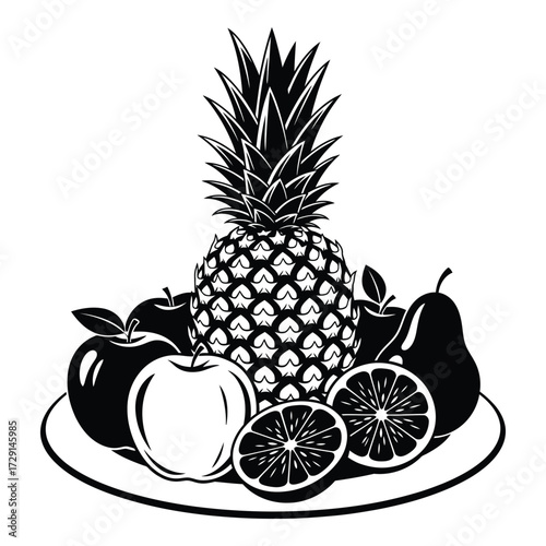 Still life arrangement of diverse fresh fruits on a plate black and white artistic render silhouette