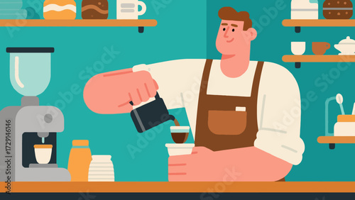 The barista is making coffee. Cartoon hand-drawn vector illustration