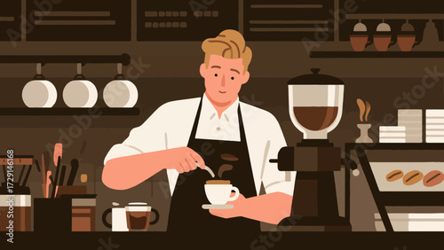 The barista is making coffee. Cartoon hand-drawn vector illustration