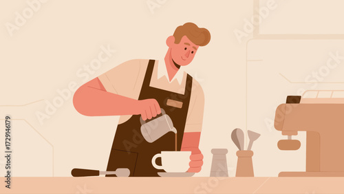 The barista is making coffee. Cartoon hand-drawn vector illustration