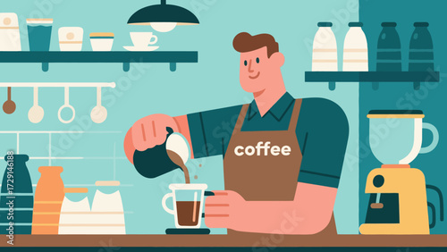 The barista is making coffee. Cartoon hand-drawn vector illustration