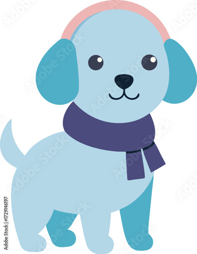 Cute blue puppy wearing earmuffs and a scarf stands on a white background