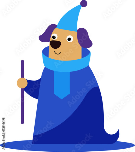 Cartoon dog dressed as a wizard holding a wand on a white clean background