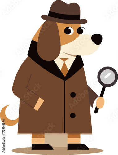 Cartoon dog detective wearing a trench coat and hat holding a magnifying glass