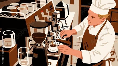The barista is making coffee. Cartoon hand-drawn vector illustration