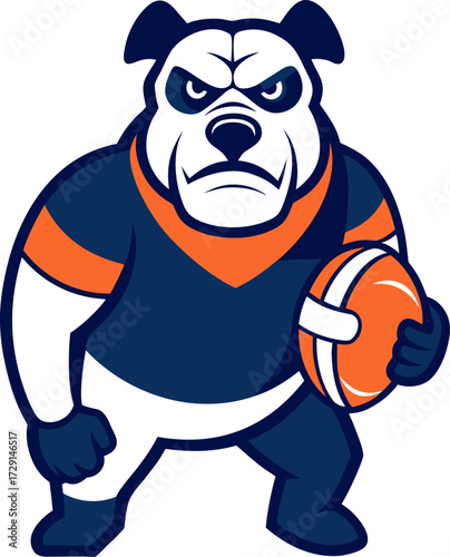 Cartoon bulldog mascot holding a football with a determined expression on face