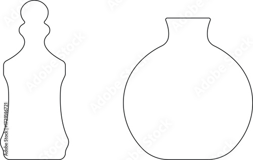 Art & IllustrationBottle and jug icon set.Bottle and jug silhouette collection. Oil, potion, alcohol, perfume black and outline bottle silhouette.Different icon set of bottle and jug shapes.
