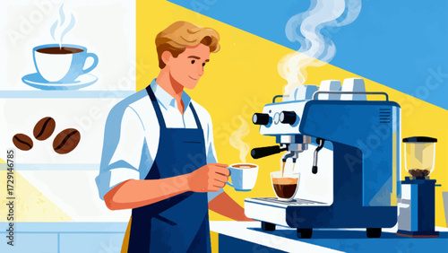 The barista is making coffee. Cartoon hand-drawn vector illustration