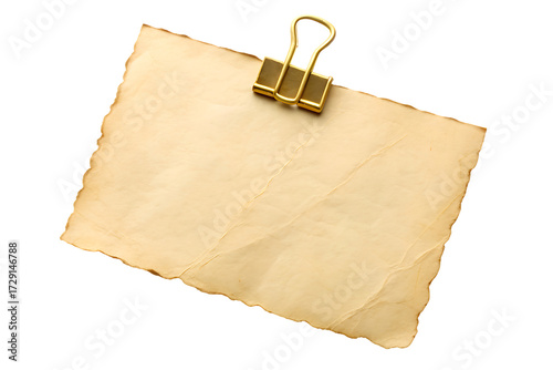Blank aged paper note with a golden binder clip isolated on transparent background