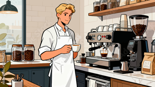 The barista is making coffee. Cartoon hand-drawn vector illustration
