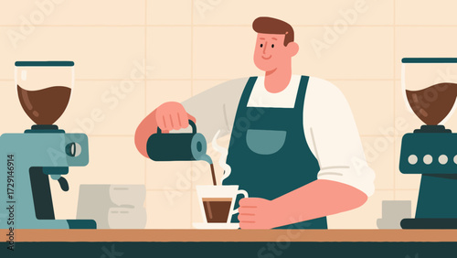The barista is making coffee. Cartoon hand-drawn vector illustration