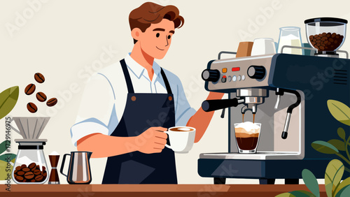 The barista is making coffee. Cartoon hand-drawn vector illustration
