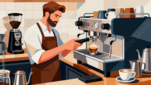 The barista is making coffee. Cartoon hand-drawn vector illustration