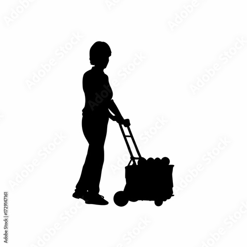 Silhouette of a caretaker pushing a trolley full of eggs isolated on white background
