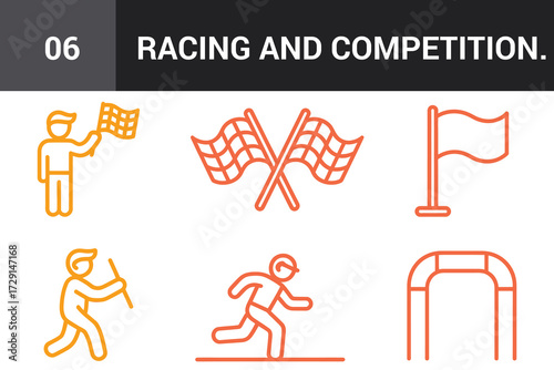 Race icons flag bearer checkered flags goal post runner archway for competition