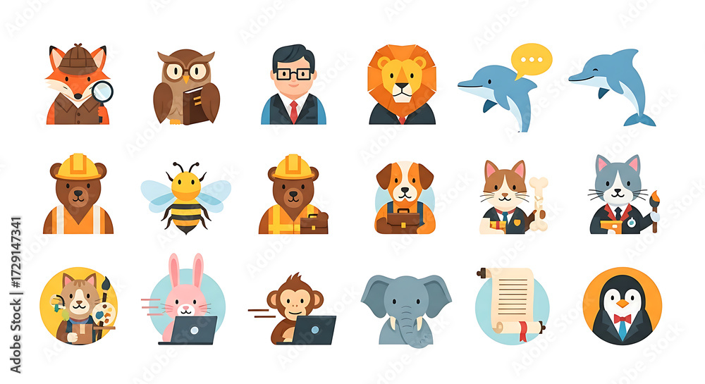 Obraz premium cartoon animal and people icons set vector illustration