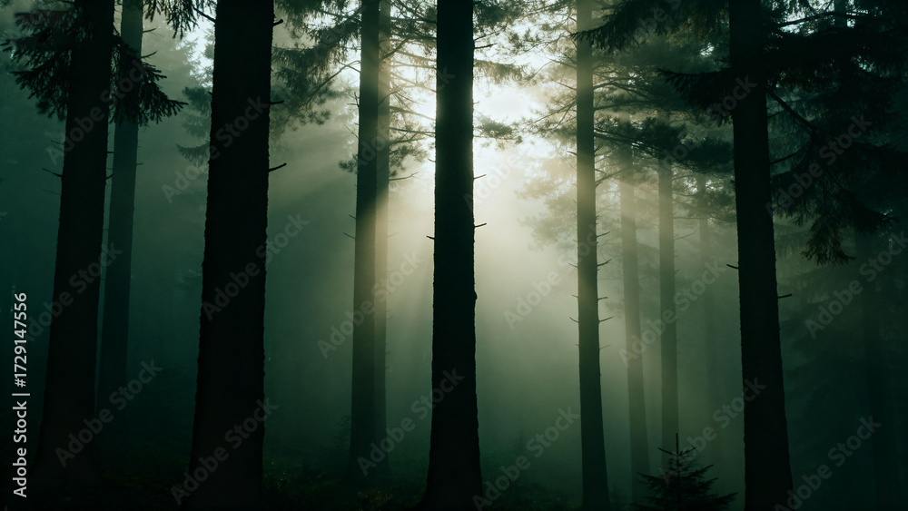 Fototapeta premium Sunlight filtering through misty forest trees