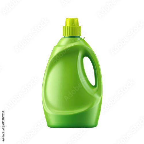 Green plastic laundry detergent bottle with handle isolated on transparent background