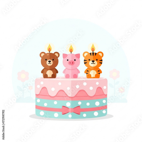 Colorful birthday cake featuring cute animal figurines of a bear, pig, and tiger with candles, surrounded by whimsical flowers and a soft pastel background for festive celebrations	