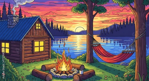 Peaceful Lakeside Cabin Sunset Scene.