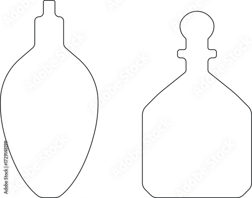 Art & IllustrationBottle and jug icon set.Bottle and jug silhouette collection. Oil, potion, alcohol, perfume black and outline bottle silhouette.Different icon set of bottle and jug shapes.