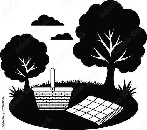 Picnic scene with trees basket and blanket grass